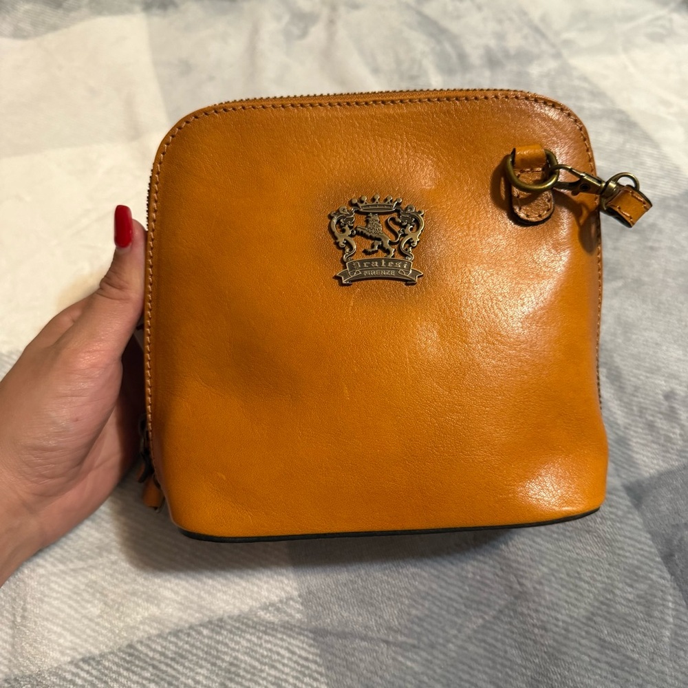Orange Leather Small Crossbody with Crest Emblem